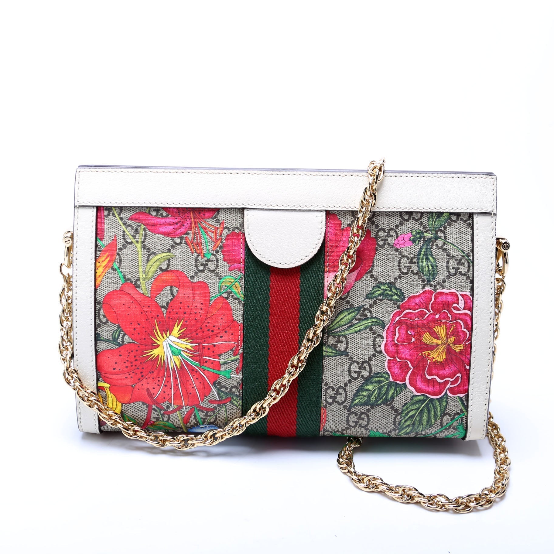 Gucci 503877 GG Supreme Flora Ophidia Small Chain White Bag