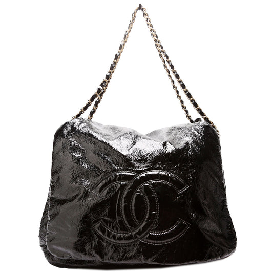 Chanel Rock & Chain Flap Accordion Crinkled Patent 11M Black Bag