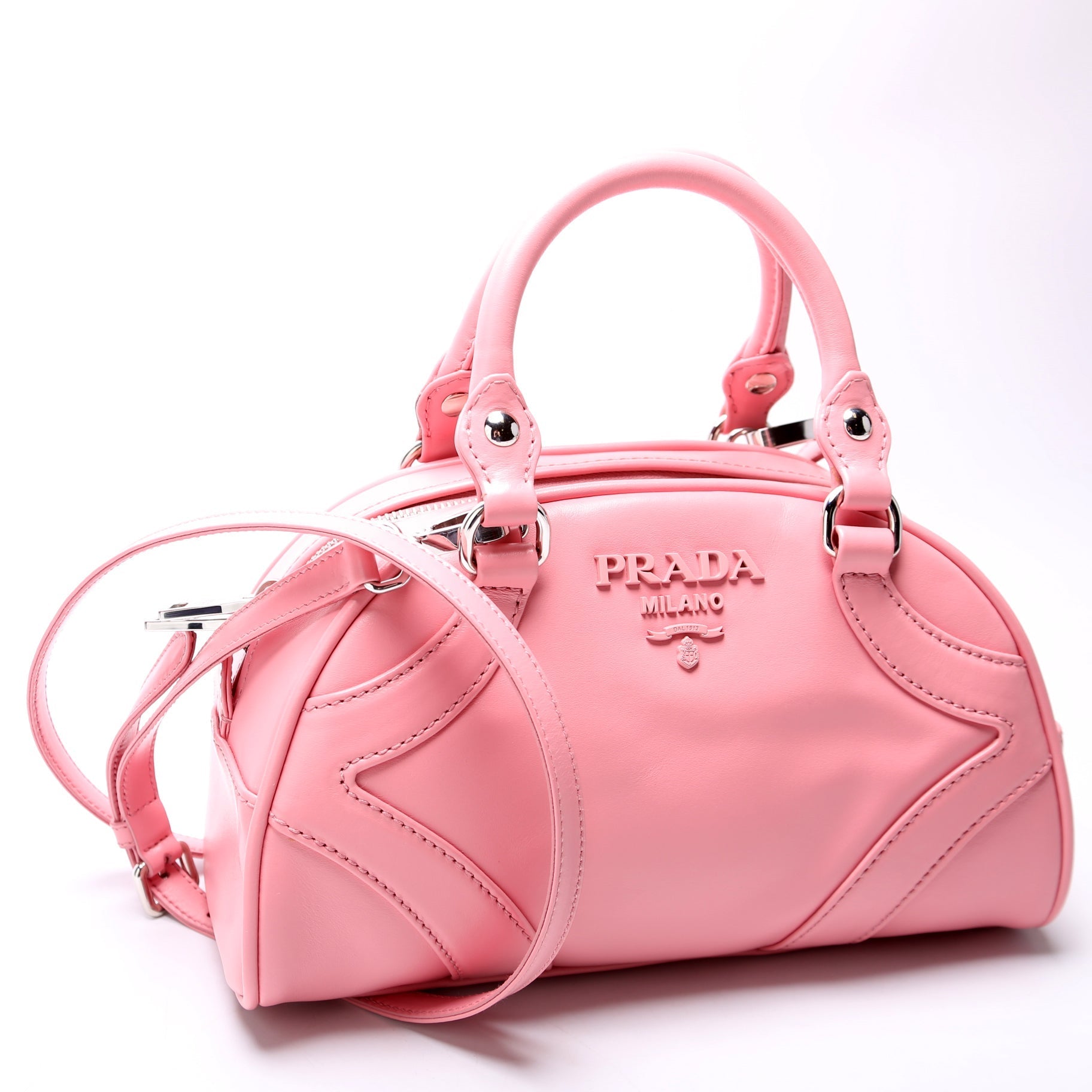 Prada 1BB071 Soft Calfskin Monochrome Bowling Pink Bag