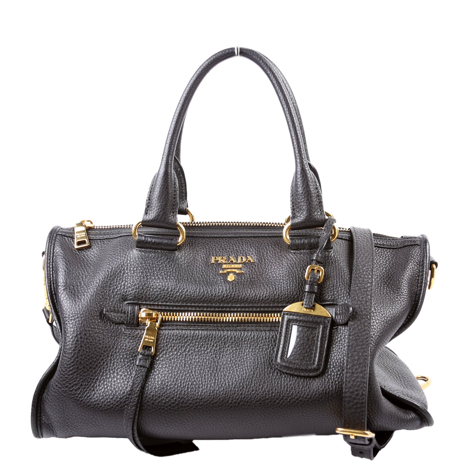 Prada Vitello Daino Zip Shopping Satchel Large Black Bag