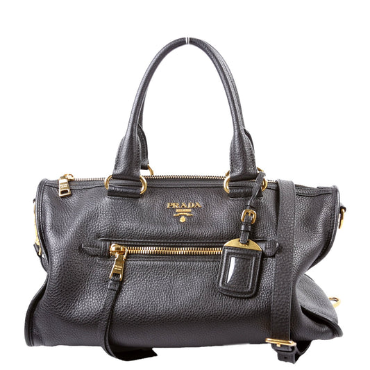 Prada Vitello Daino Zip Shopping Satchel Large Black Bag