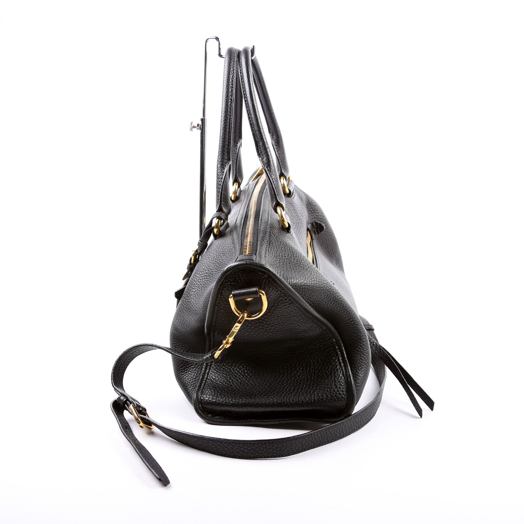 Prada Vitello Daino Zip Shopping Satchel Large Black Bag