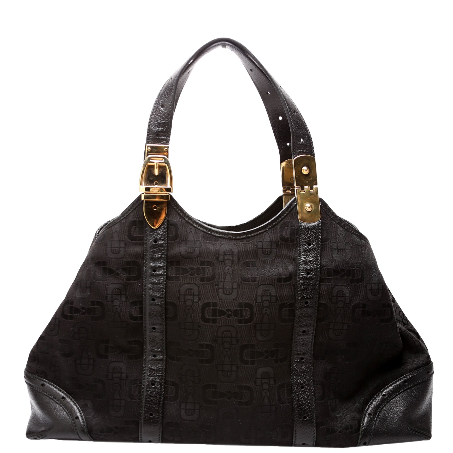 Gucci 145769 Horsebit Canvas/Leather Shoulder Black Bag