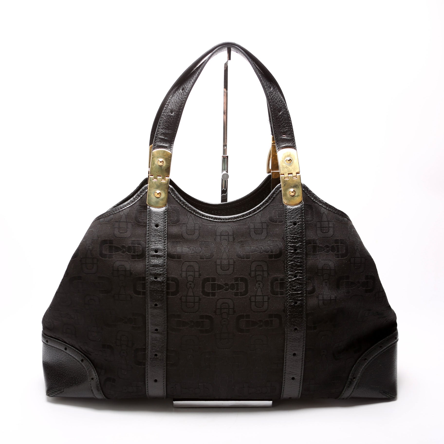 Gucci 145769 Horsebit Canvas/Leather Shoulder Black Bag