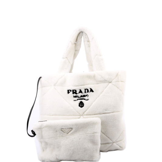 Prada 1BG427 Shearling Triangle Logo Tote White/Black Bag
