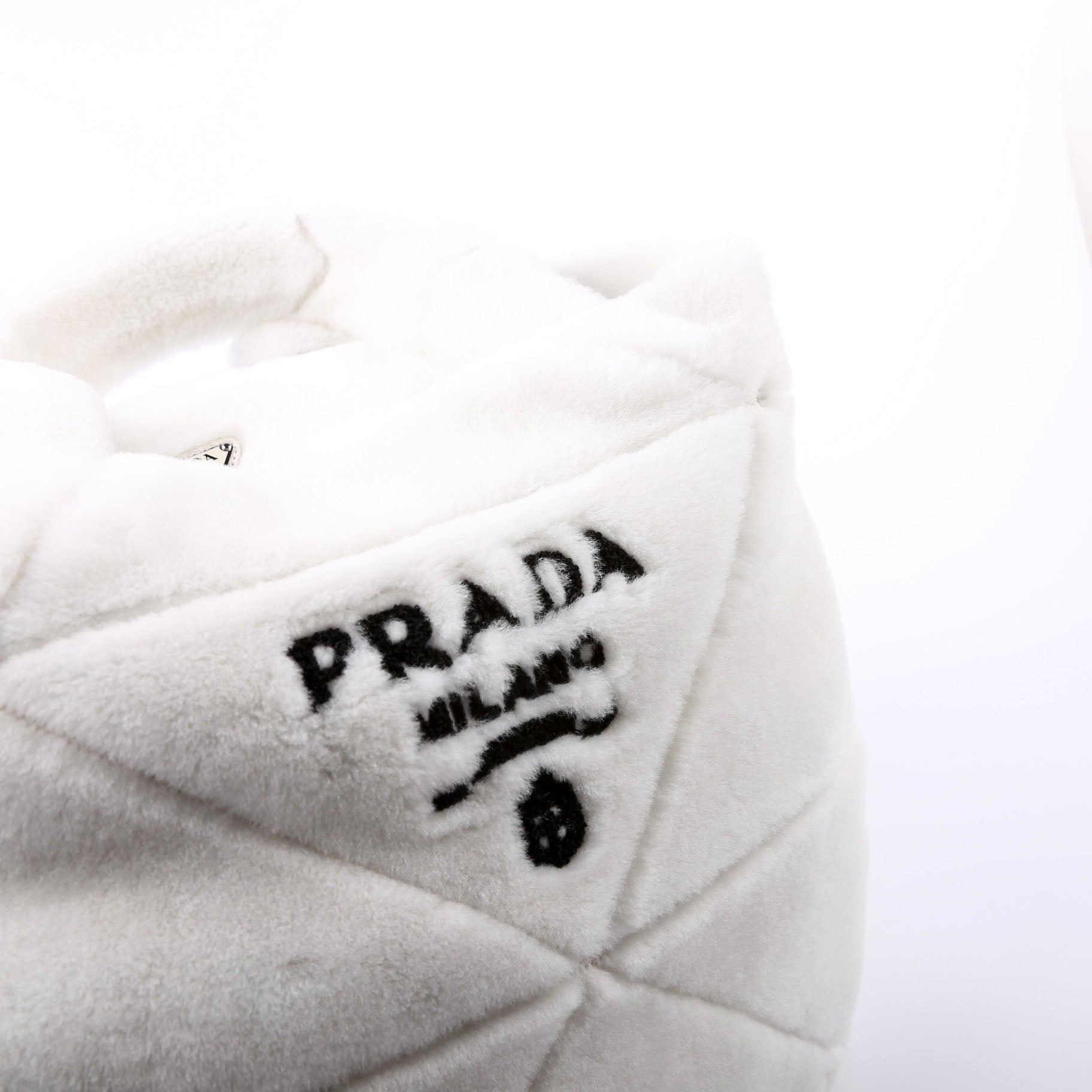 Prada 1BG427 Shearling Triangle Logo Tote White/Black Bag