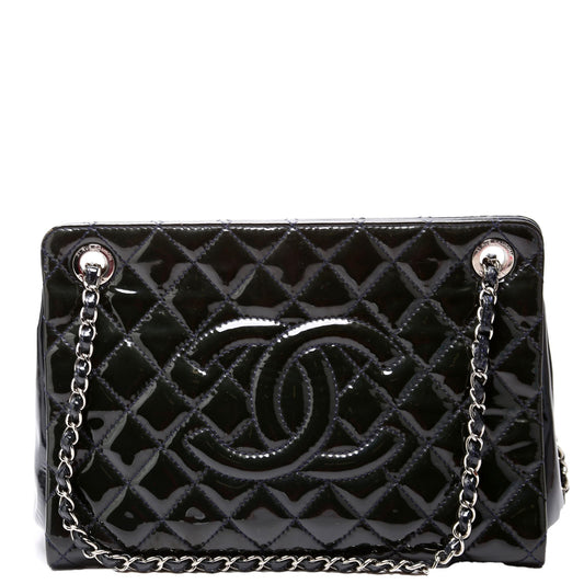 Chanel Petite Timeless CC Tote Quilted Patent 17M Blue Bag