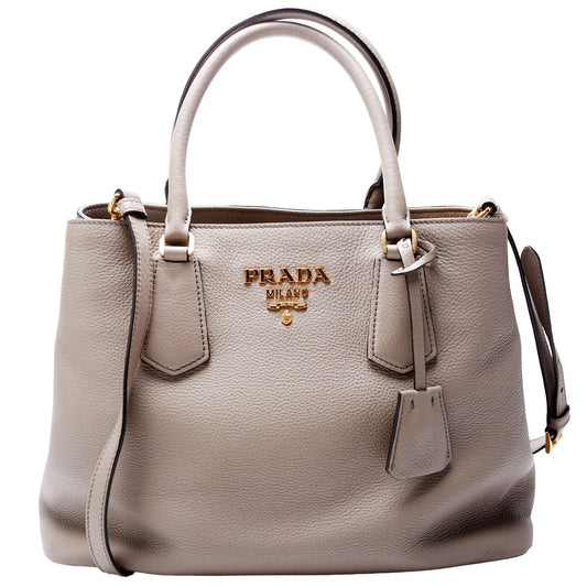 Prada 1BA239 Vitello Phenix Double Tote Taupe Bag