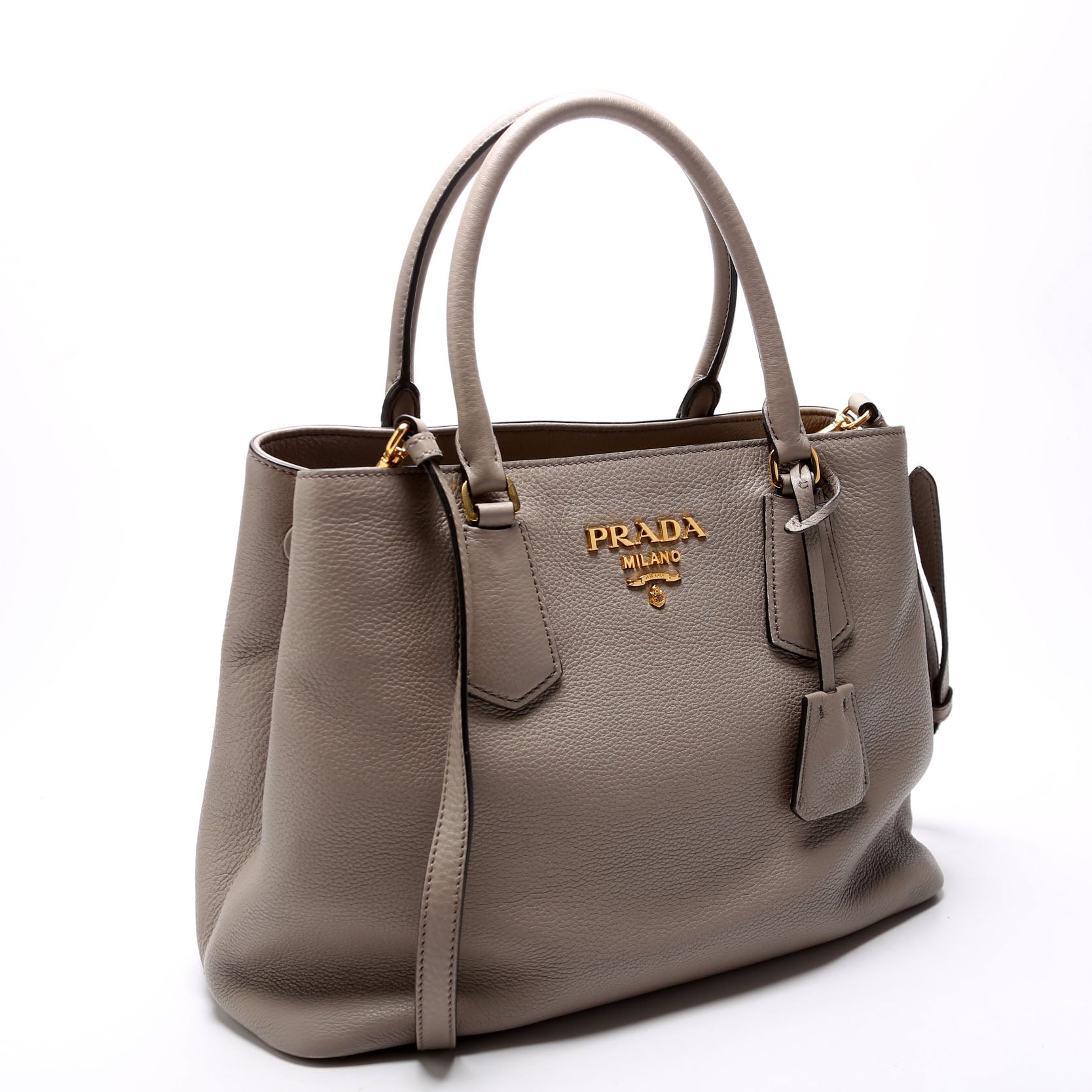 Prada 1BA239 Vitello Phenix Double Tote Taupe Bag