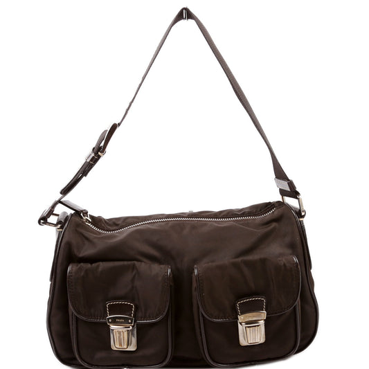Prada Nylon Double Pocket Shoulder Brown Bag