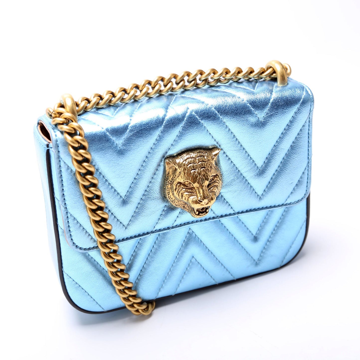 Gucci 432581 Broadway Metalic Matelasse Shoulder Blue Bag