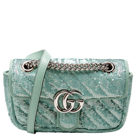Gucci 446744 Marmont Sequin Shoulder Mini Flap Teal Bag