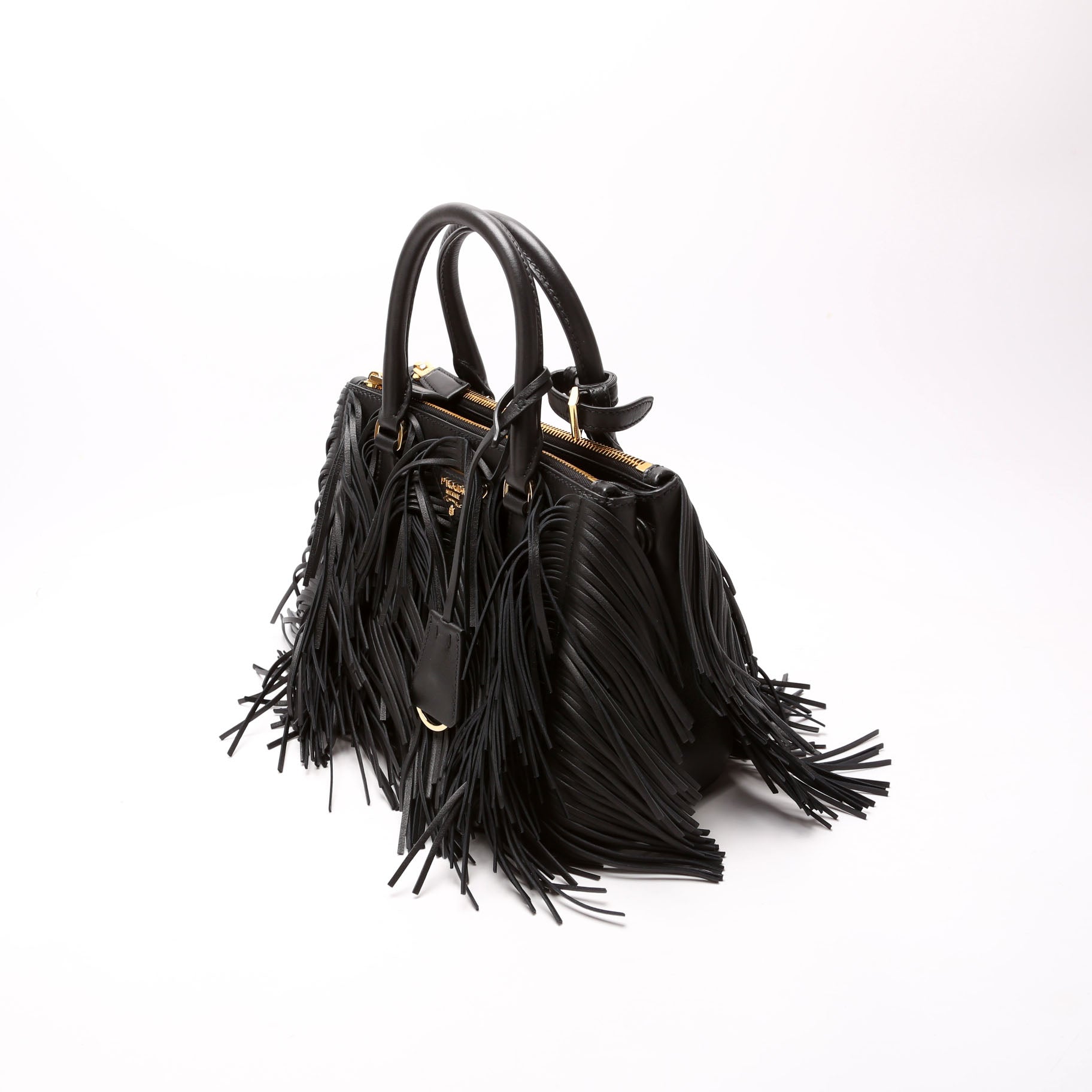 Prada Leather Fringe Galleria Small Black Bag