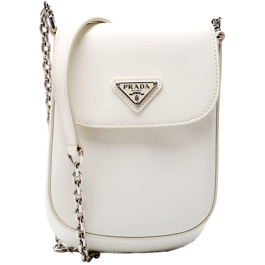 Prada 1BH185 Cleo Brushed Leather Mini Crossbody White Bag
