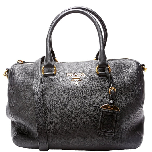 Prada 1BB023 Vitello Daino Phenix Boston Black Bag