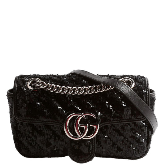 Gucci 446744 Marmont Sequin Shoulder Mini Flap Black Bag