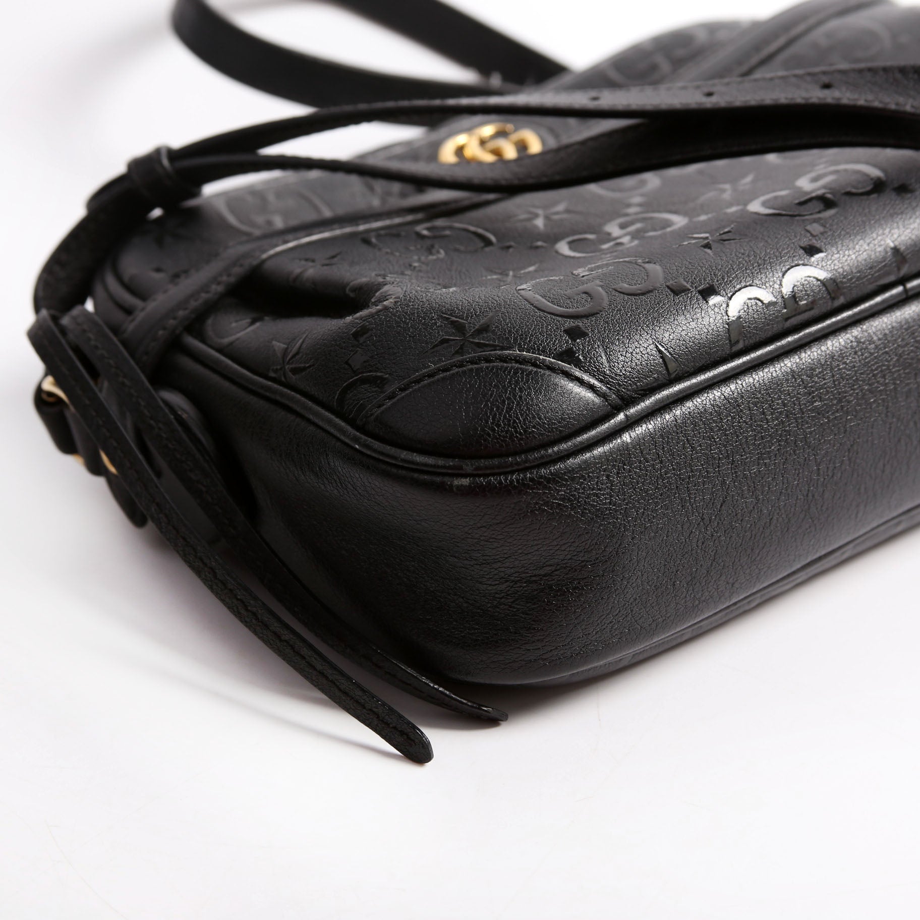 Gucci 675776 GG Star Embossed Leather Small Shoulder Black Bag