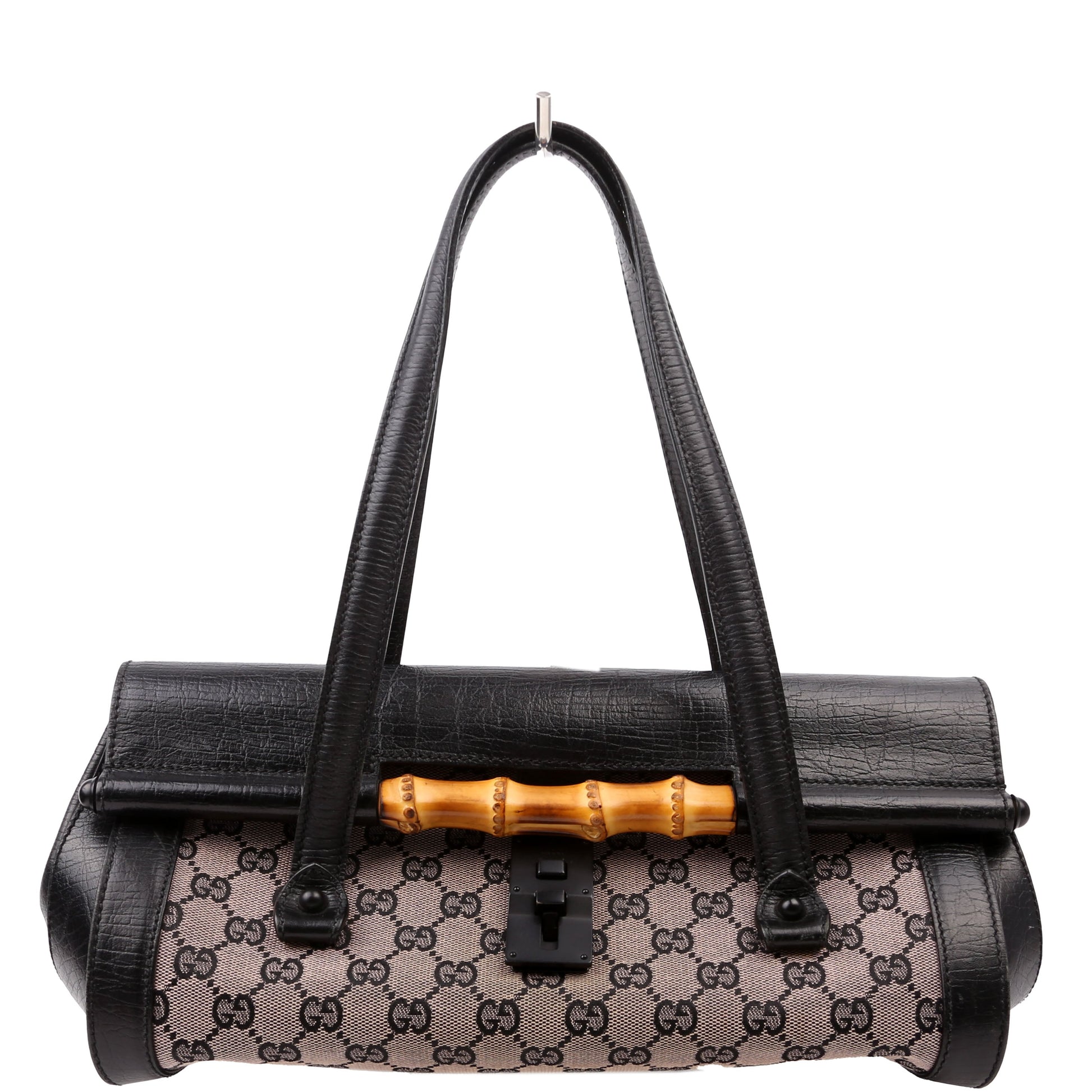 Gucci 111713 GG Canvas Bamboo Bullet Medium Black Bag