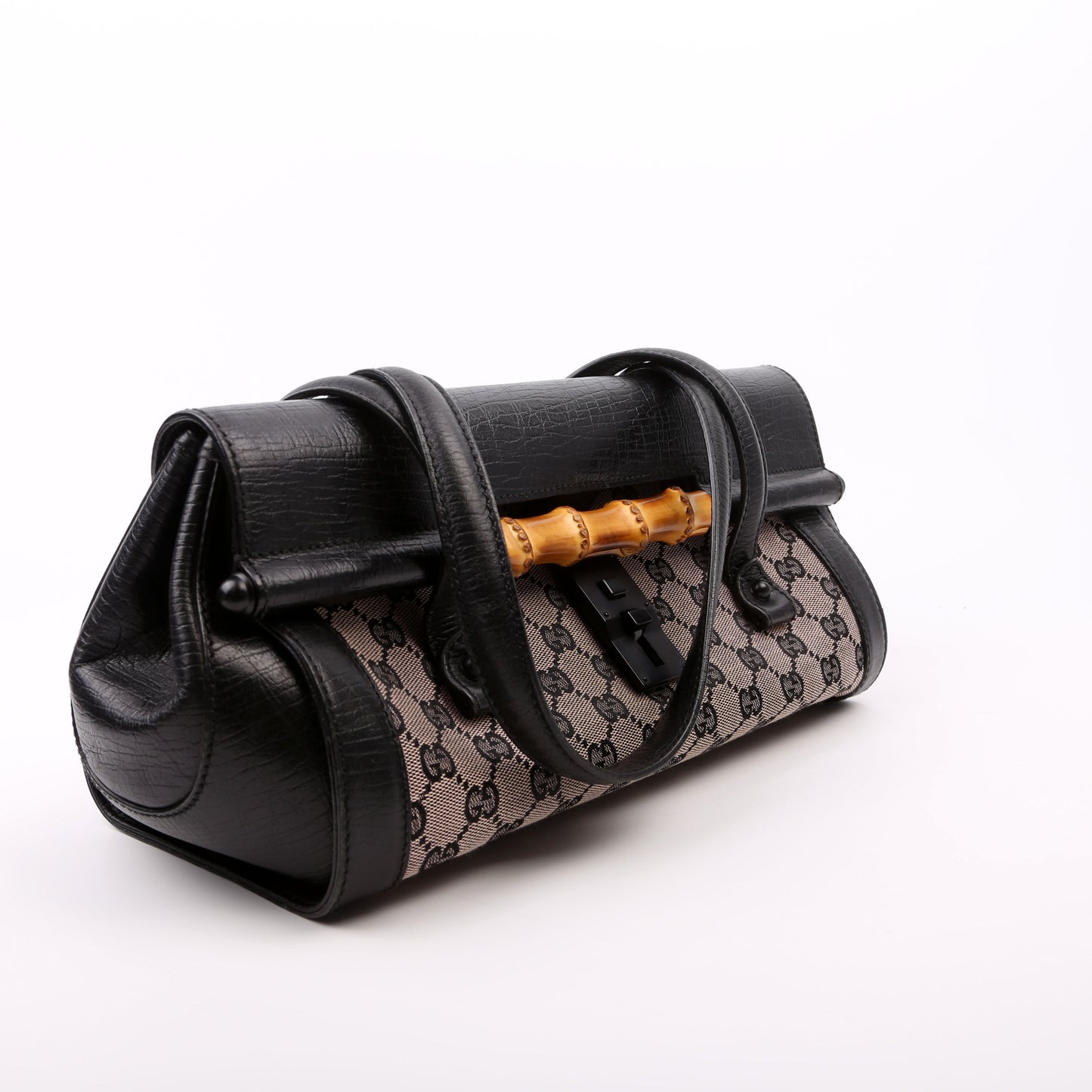 Gucci 111713 GG Canvas Bamboo Bullet Medium Black Bag