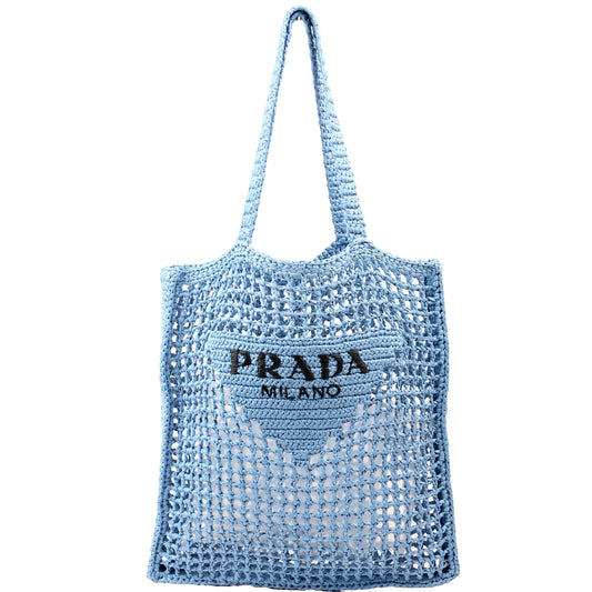 Prada 1BG393 Raffia Crochet Tote Blue Bag