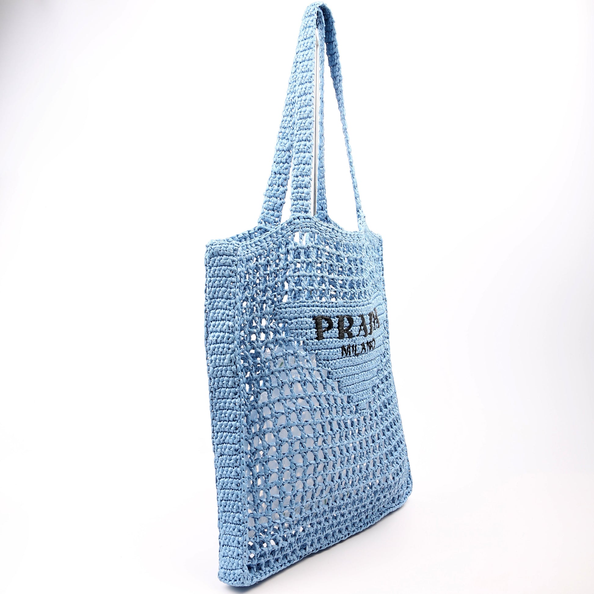 Prada 1BG393 Raffia Crochet Tote Blue Bag