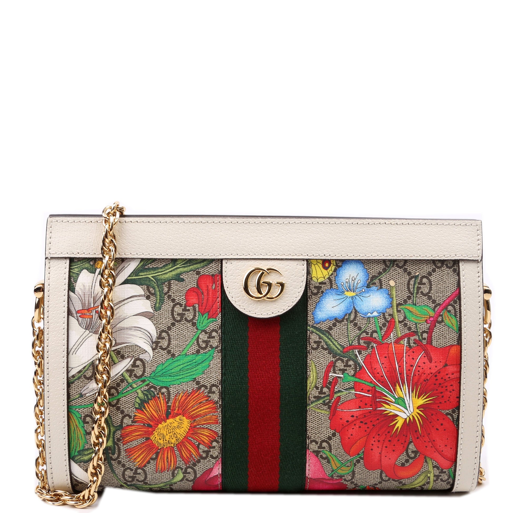 Gucci 503877 GG Supreme Flora Ophidia Small Chain White Bag