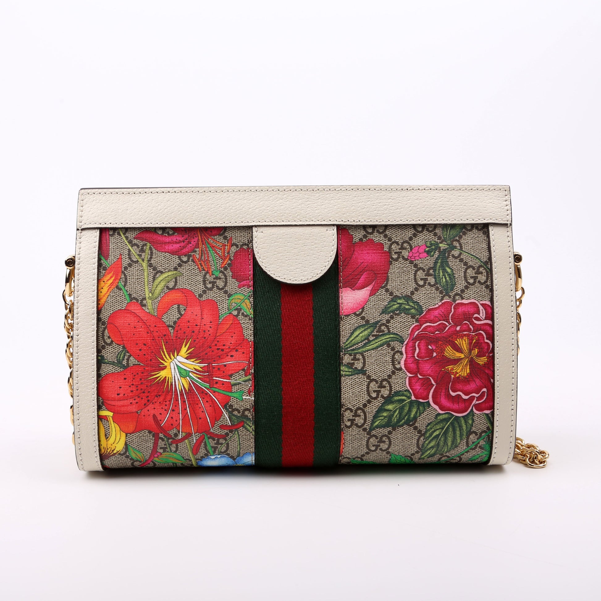 Gucci 503877 GG Supreme Flora Ophidia Small Chain White Bag