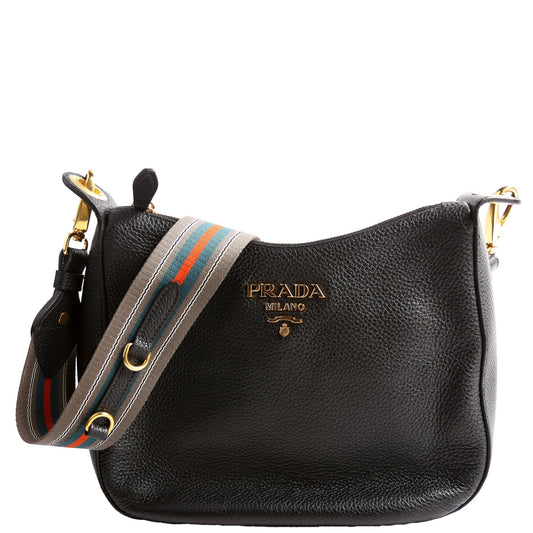 Prada 1BC166 Vitello Phenix Small Zip Messenger Hobo Black Bag