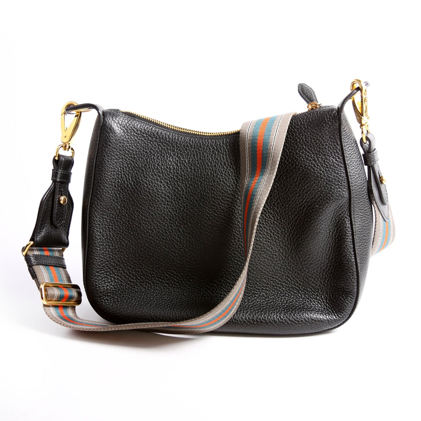 Prada 1BC166 Vitello Phenix Small Zip Messenger Hobo Black Bag