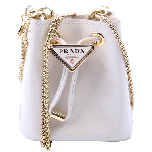Prada Mini Drawcord Triangle Logo Vernice Shoulder White Bag