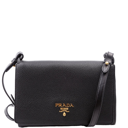 Prada 1BH031 Vitello Daino Leather Flap/Zip Crossbody Black Bag