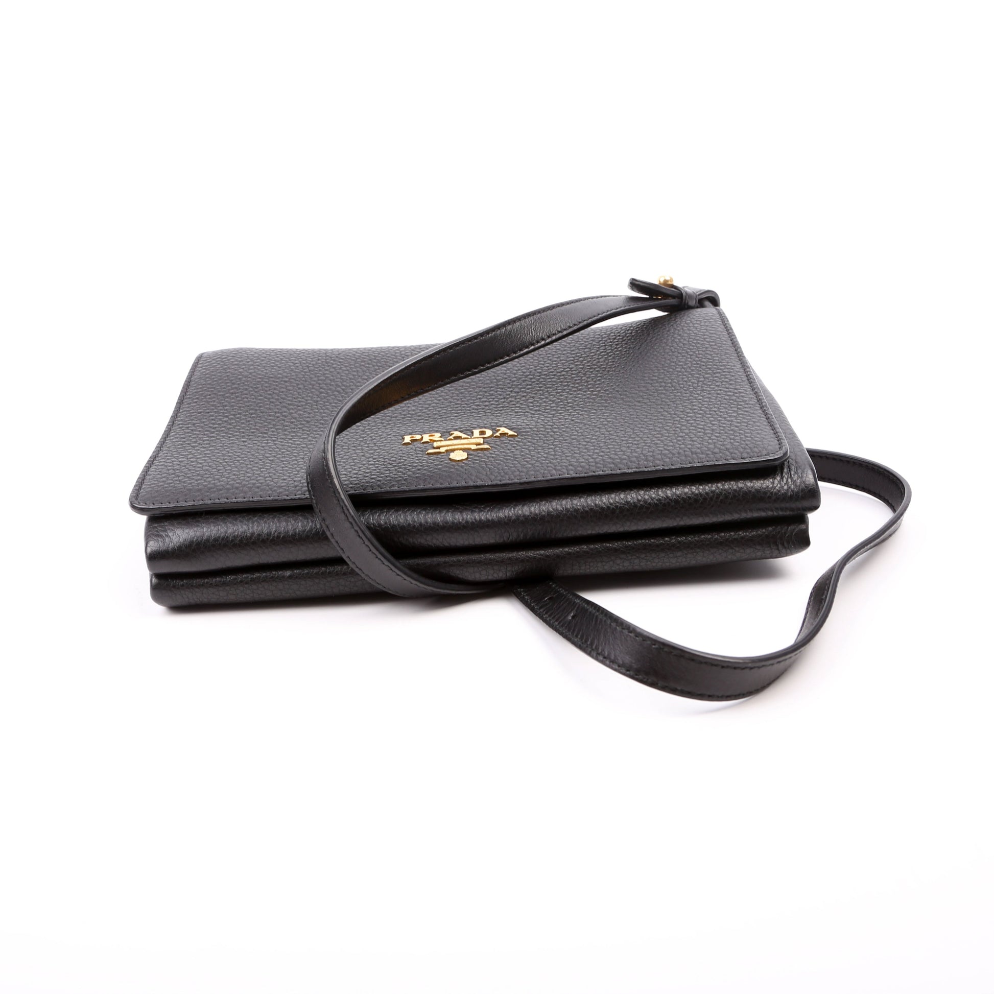 Prada 1BH031 Vitello Daino Leather Flap/Zip Crossbody Black Bag