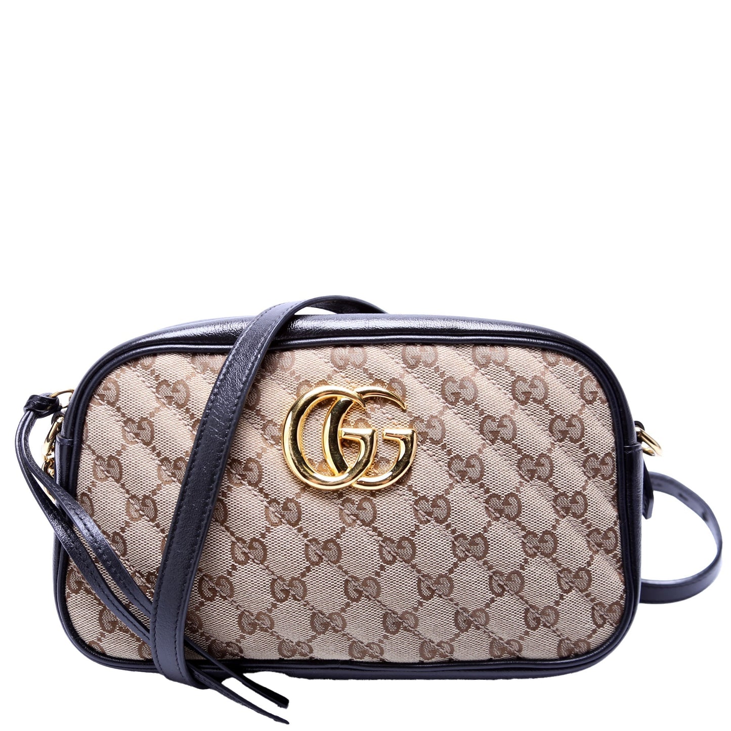 Gucci 447632 Marmont Small GG Canvas Camera Tan Black Bag