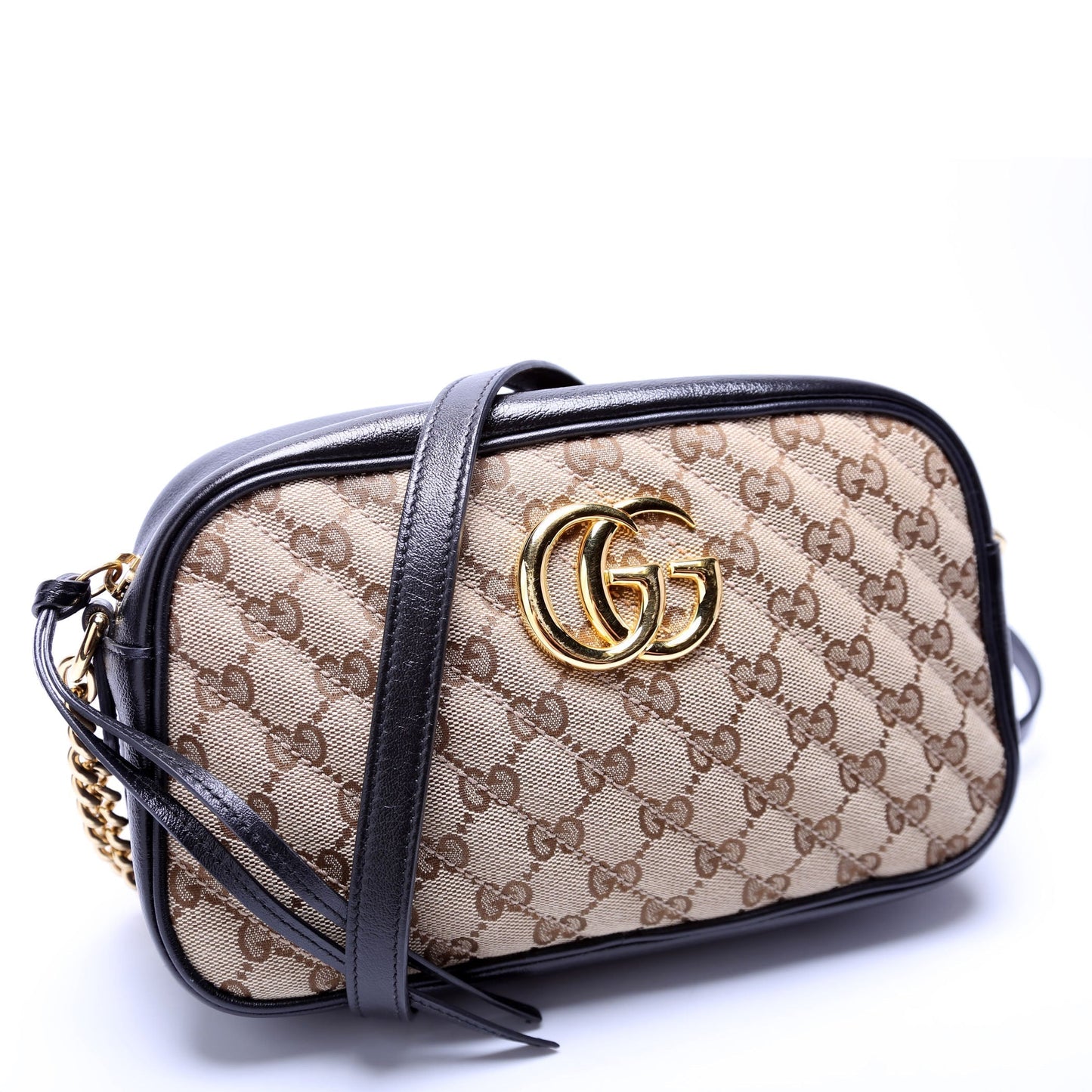 Gucci 447632 Marmont Small GG Canvas Camera Tan Black Bag