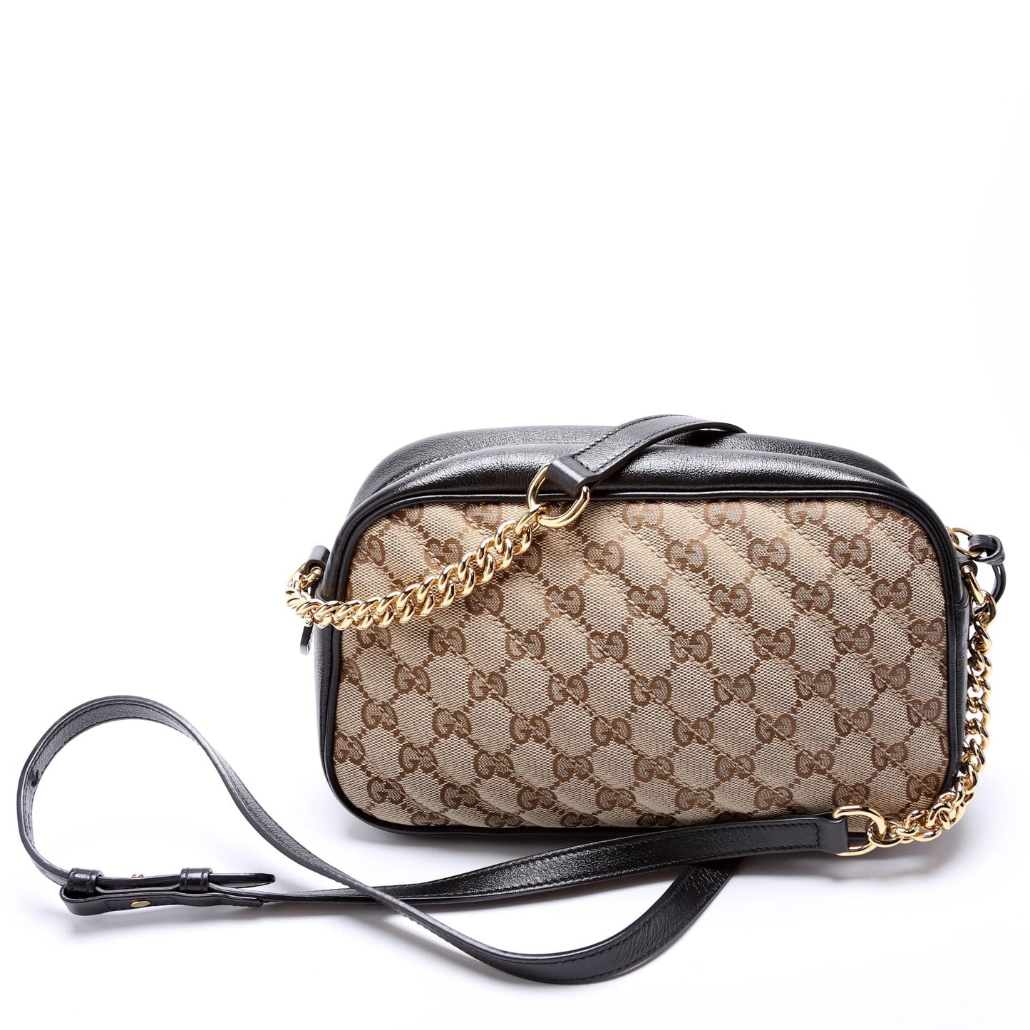 Gucci 447632 Marmont Small GG Canvas Camera Tan Black Bag