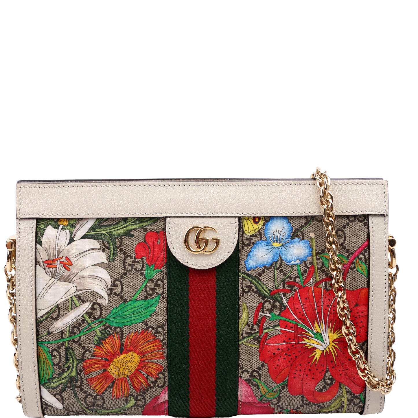 Gucci 503877 GG Supreme Flora Ophidia Small Chain White Bag