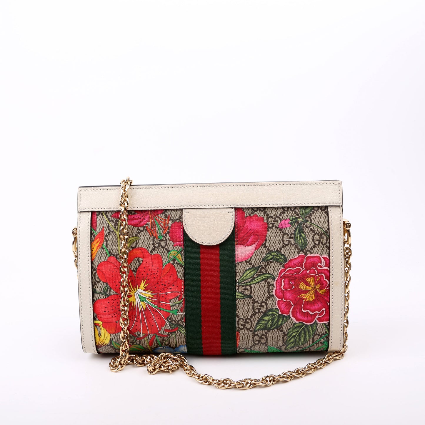 Gucci 503877 GG Supreme Flora Ophidia Small Chain White Bag