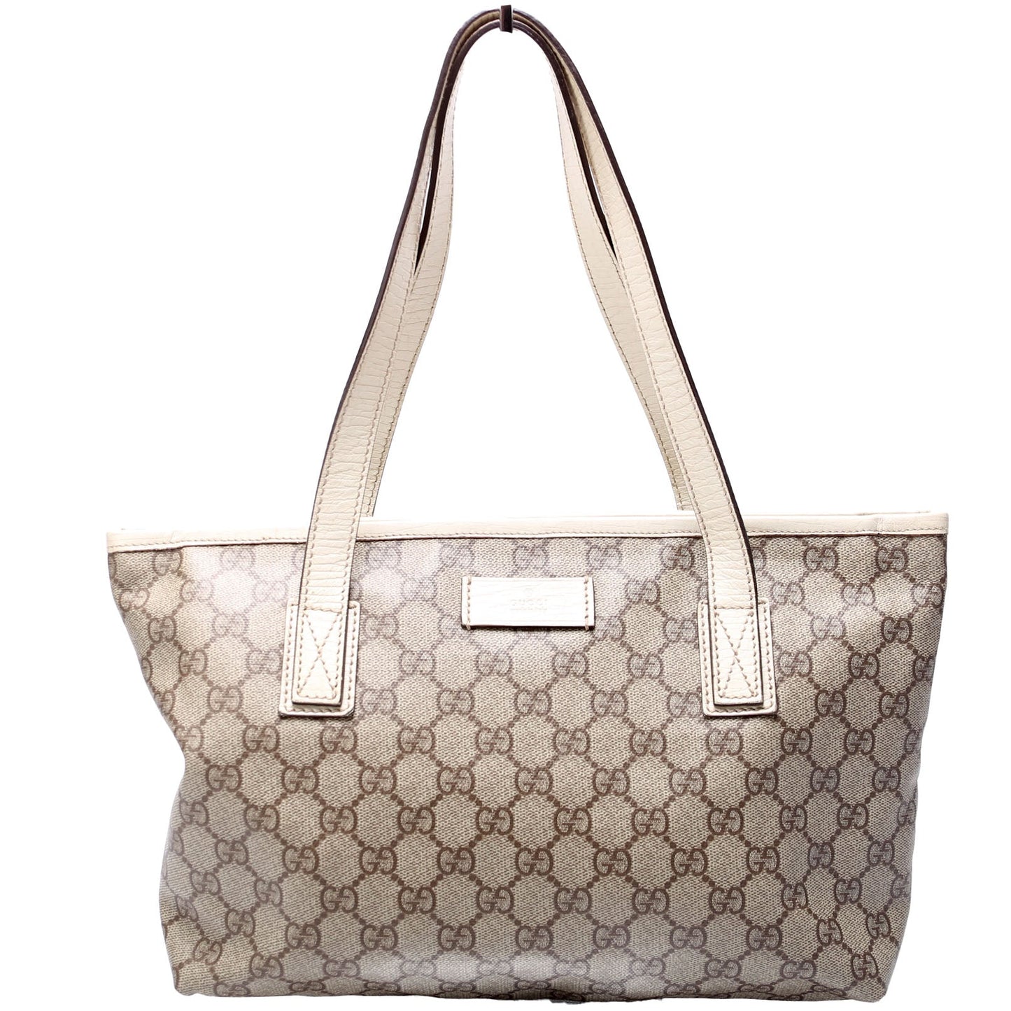 Gucci 181086 GG Supreme Small Zip Tote Tan and White Bag