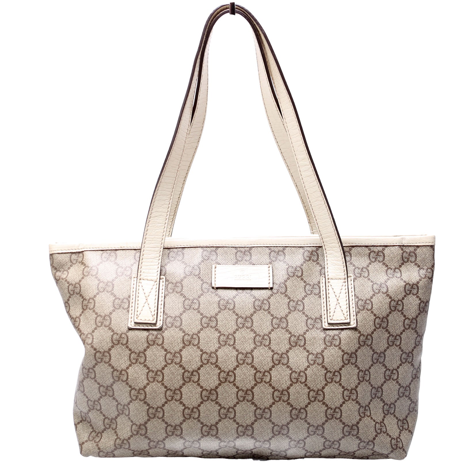 Gucci 181086 GG Supreme Small Zip Tote Tan and White Bag