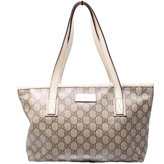 Gucci 181086 GG Supreme Small Zip Tote Tan and White Bag