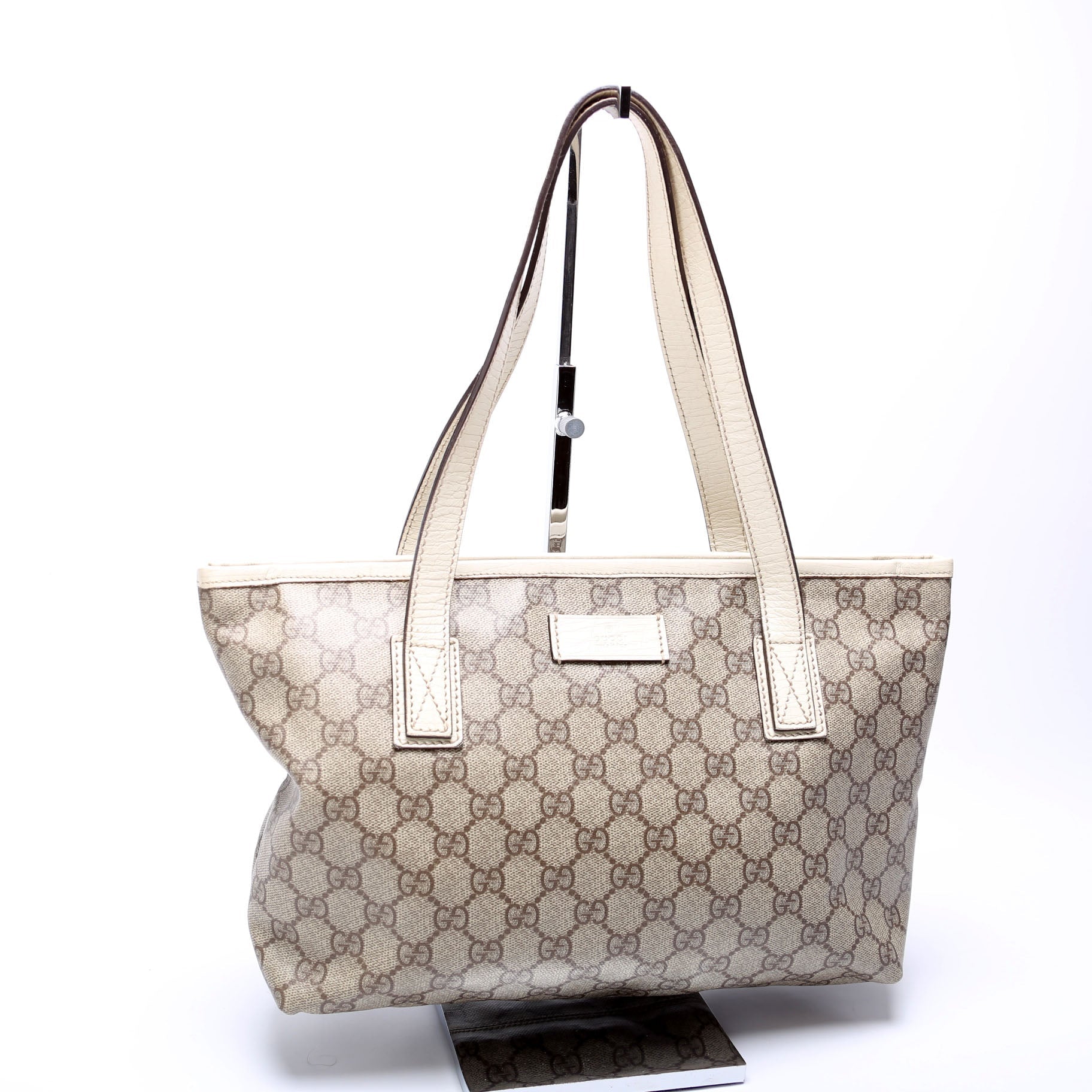 Gucci 181086 GG Supreme Small Zip Tote Tan and White Bag