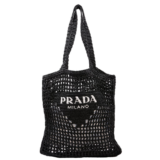 Prada 1BG393 Raffia Crochet Tote Black Bag