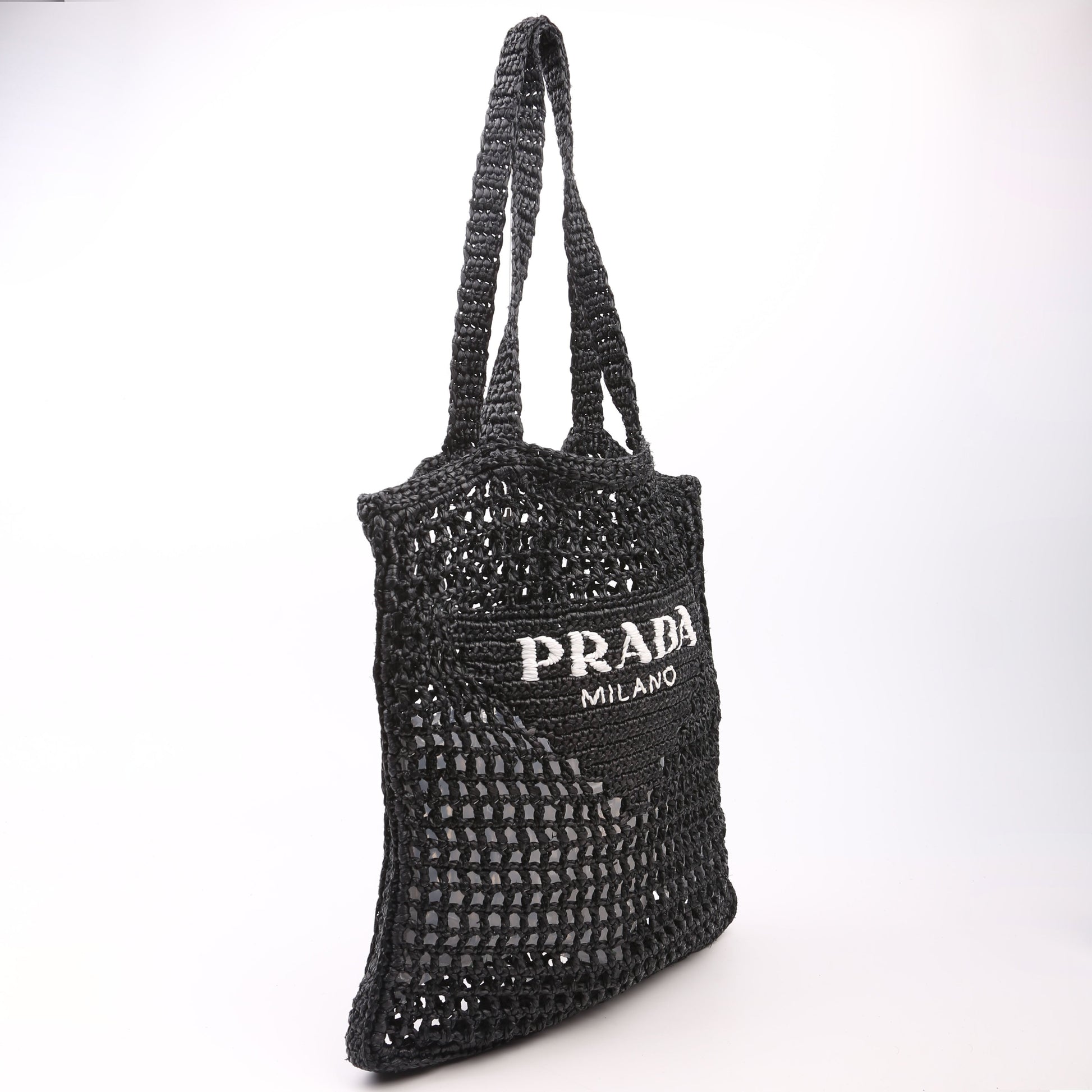 Prada 1BG393 Raffia Crochet Tote Black Bag