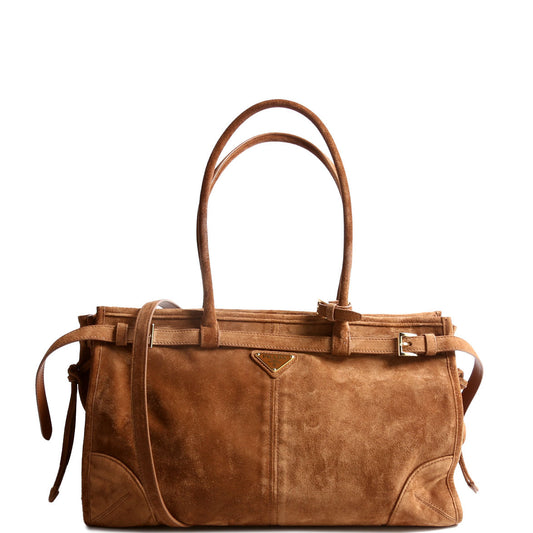 Prada 1BA433 Bonnie Large Suede Shoulder Brown Bag