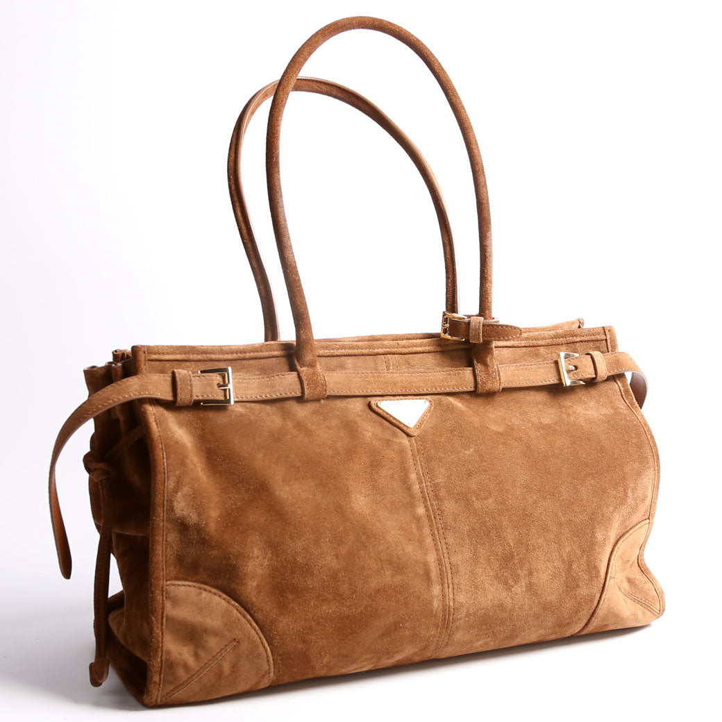 Prada 1BA433 Bonnie Large Suede Shoulder Brown Bag