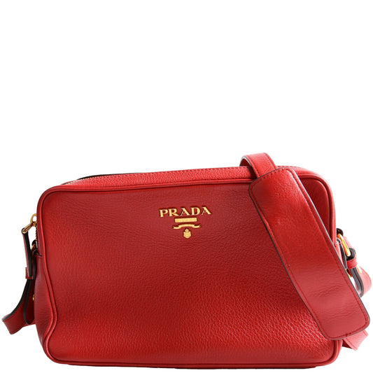 Prada Vitello Daino Double Zip Camera Red/Gold Bag