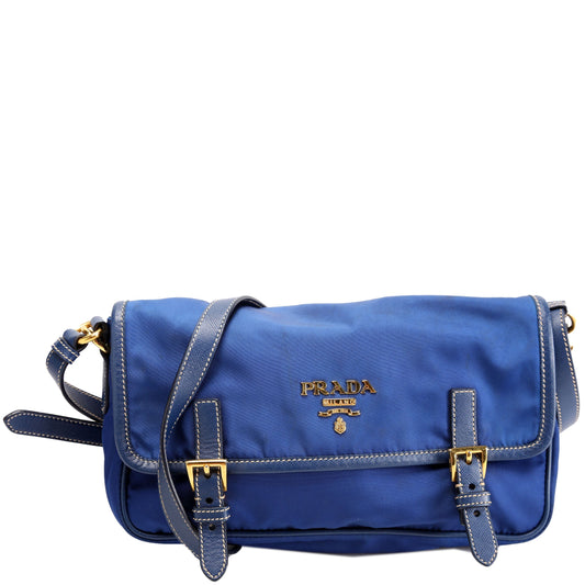 Prada BT0772 Tessuto Nylon Saffiano Buckle Messenger Small Blue Bag