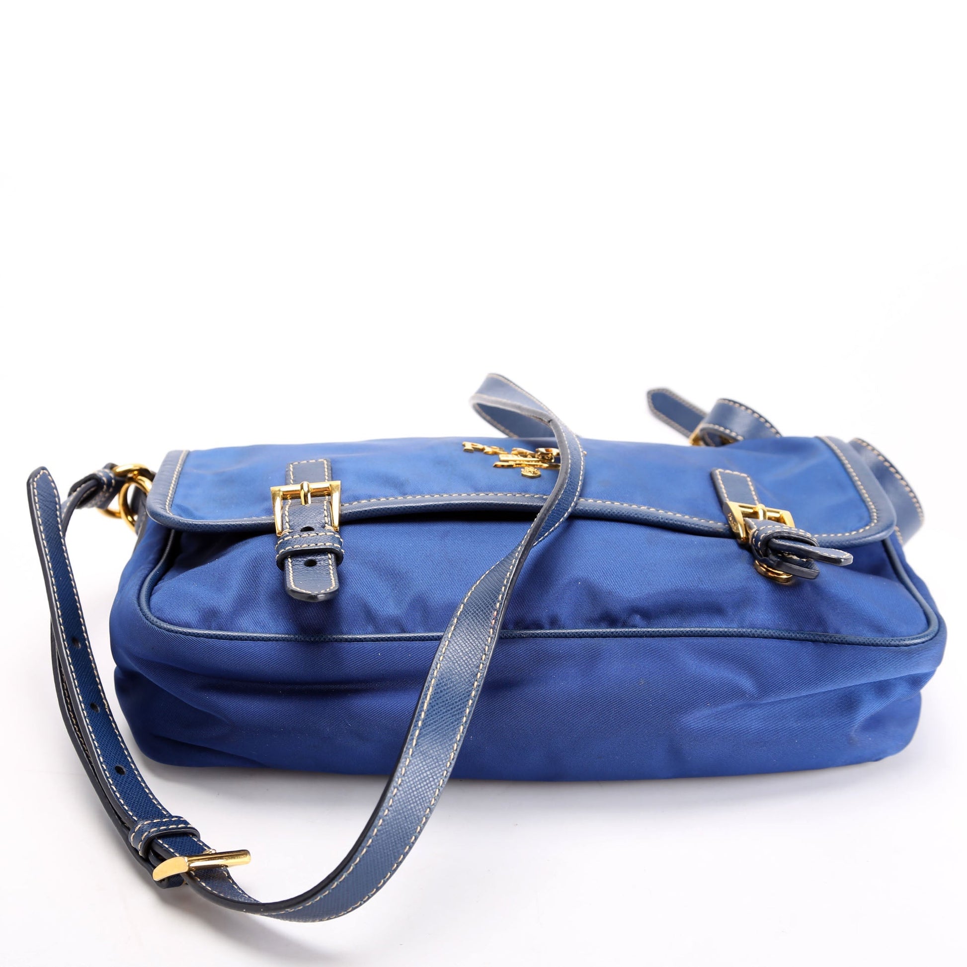 Prada BT0772 Tessuto Nylon Saffiano Buckle Messenger Small Blue Bag
