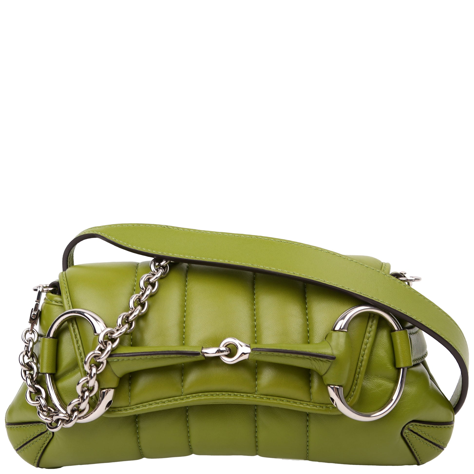 Gucci 764339 Vertical Quilted Maxi Horsebit Chain Medium Shoulder Green Bag