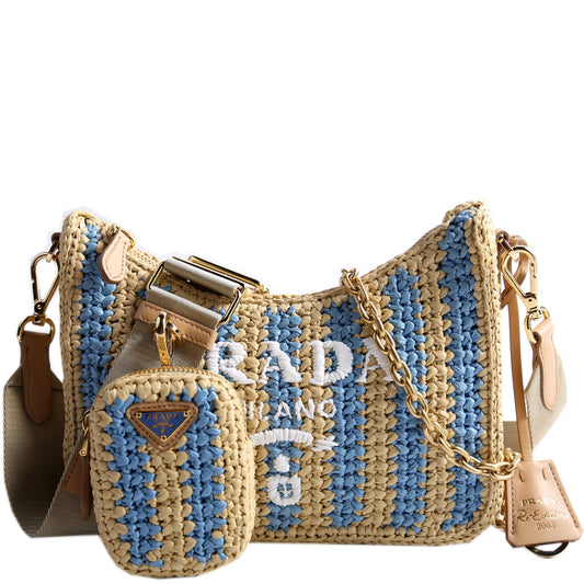 Prada 1BH204 Raffia Re-Edition 2005 Shoulder Beige/Blue Bag